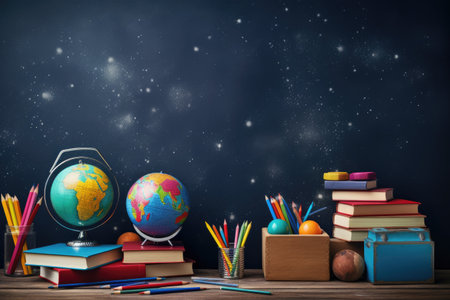 Back to school concept with globe, books and pencils on wooden table, school supplies with chalkboard, back to school concept, AI Generatedの素材