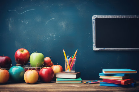 School supplies on wooden table and blackboard background. Back to school concept, school supplies with chalkboard, back to school concept, AI Generatedの素材
