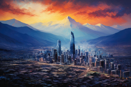 3D rendering of a futuristic city with skyscrapers and mountains, Santiago Chile cityscape, AI Generatedの素材