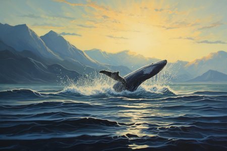 Humpback whale swimming in the sea at sunset. 3D Rendering, Seascape with Whale tail, AI Generatedの素材