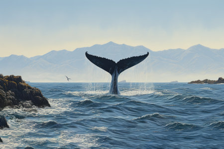 Whale tail in the ocean. Humpback Whale tail in the ocean, Seascape with Whale tail, AI Generatedの素材