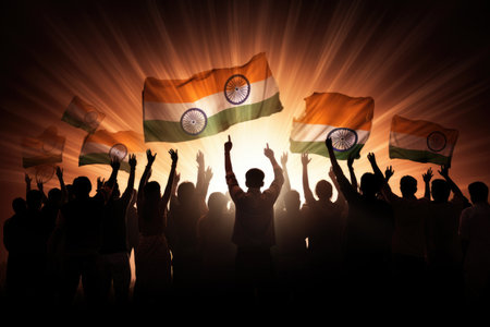 Silhouette of a group of people with India flag in the air, silhouette Group of People Waving Indian Flags, AI Generatedの素材