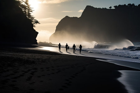Silhouette of a group of surfers on the beach at sunset, Silhouettes of tourists enjoying the black sand beach and ocean waves, AI Generatedの素材