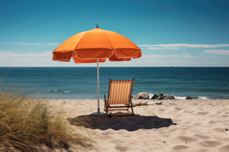 Chaise lounges on the beach with an orange umbrella, Sommer, Sonne, Strand und Meer im Urlaub, AI Generatedの素材