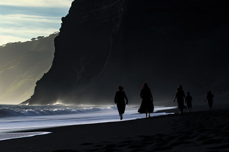Silhouettes of people walking along the beach at sunset, Iceland, Silhouettes of tourists enjoying the black sand beach and ocean waves, AI Generatedの素材