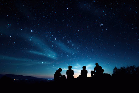 Silhouettes of people sitting on top of the mountain at night, Silhouettes of people observing stars in night sky. Astronomy concept, AI Generatedの素材