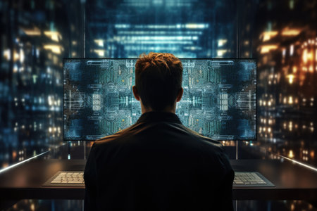 Back view of businessman working on computer with binary code. Mixed media, Software engineer utilizing a computer in a modern data communication room, network connection lines, AI Generatedの素材