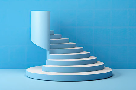3d render of blue stairs on blue background. podium for product presentation, Spiral stair with pedestal, winner podium on blue background, 3d render, AI Generatedの素材