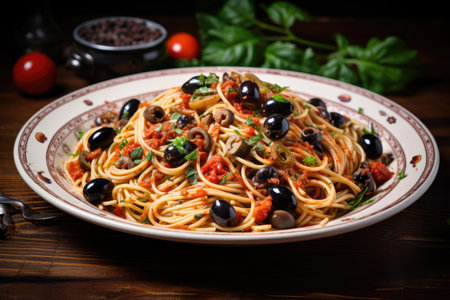 Spaghetti with olives and tomato sauce on a plate on a wooden table, Spaghetti alla puttanesca - italian pasta dish with tomatoes, black olives, capers, anchovies and basil, AI Generatedの素材