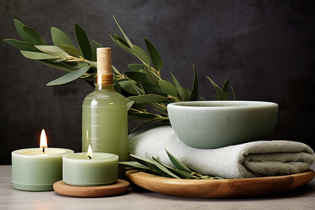 Spa still life with olive oil, candles and towels on grey background, Spa concept with eucalyptus oil and eucalyptus leaf extract natural /organic spa cosmetics products, AI Generatedの素材
