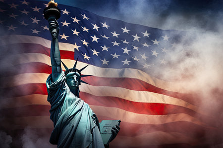 Statue of Liberty and American Flag in the smoke. 3d illustration, Statue of Liberty and fireworks on the background of the American flag, AI Generatedの素材