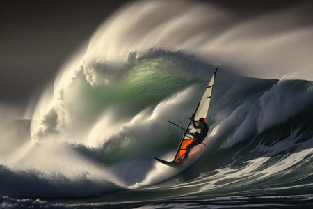 Surfer in ocean wave. 3D Rendering and illustration, storm rider Haifa, windsurfer making extreme tricks on huge waves, AI Generatedの素材