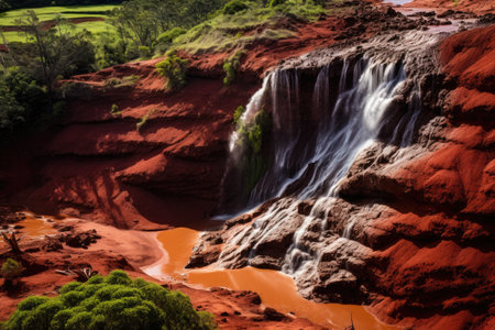 Waterfall in red sandstone canyon with green grass and trees, The famous Red Dirt Falls, a cascading waterfall of fresh water over the iron-rich basalt rock in Waimea Canyon State, AI Generatedの素材