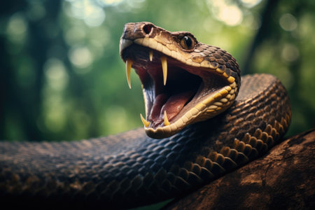 Close up of a venomous snake with sharp teeth and open mouth, a large snake with its mouth open and its tongue out, AI Generatedの素材