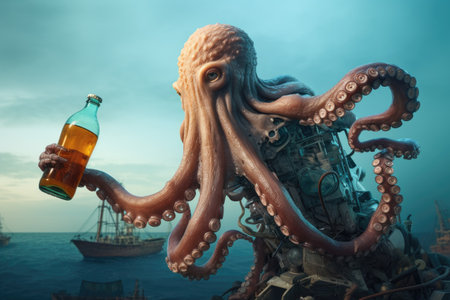 Octopus with beer on the background of the sea and ships, An octopus holding a plastic bottle, AI Generatedの素材