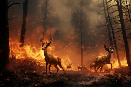 Deer in the forest during a fire. 3D rendering, animals running from a wildfire in a forest, AI Generatedの素材
