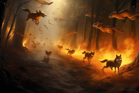 Halloween scene with flying foxes in the forest. 3D rendering, animals running from a wildfire in a forest, AI Generatedの素材