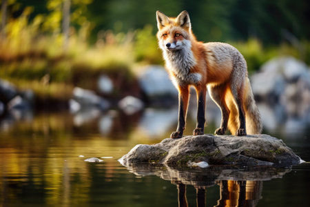 Red fox standing on a rock in the water with reflection in it, Beautiful red fox standing on a few stones over the water surface, AI Generatedの素材