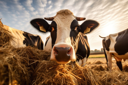 Cows grazing in the field at sunset, close-up, Cow eating hay at cattle farm, AI Generatedの素材