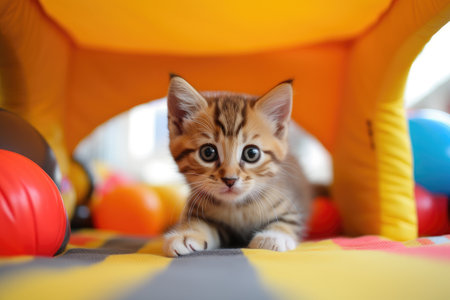 Cute bengal kitten playing in the toy carousels, Cute playful rescue kitten in a no-kill animal shelter, AI Generatedの素材