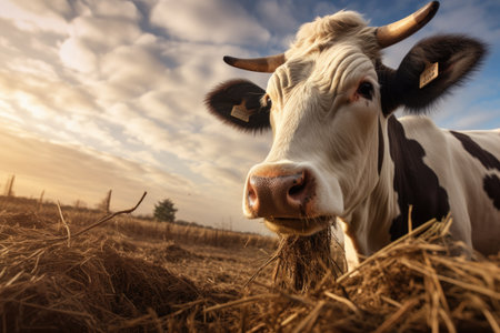 Cow in the field at sunset, close-up of a cow, Cow eating hay at cattle farm, AI Generatedの素材
