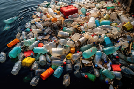 Plastic waste in the water. Pollution of the environment, Environmental issue of plastic pollution problem, AI Generatedの素材