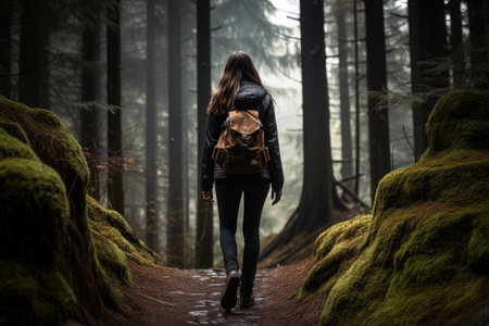 A young woman with a backpack is walking through a mysterious forest, forest and mature woman on hiking journey, AI Generatedの素材