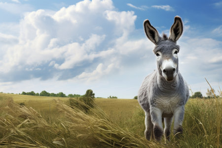 Donkey in the field with blue sky and white clouds background, Grey donkey in field, AI Generatedの素材