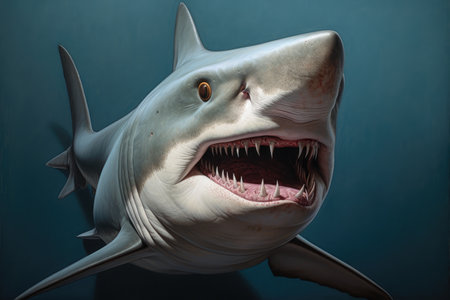 Great white shark on dark background. Close-up. Studio shot, Hamerhead shark portrait, AI Generatedの素材