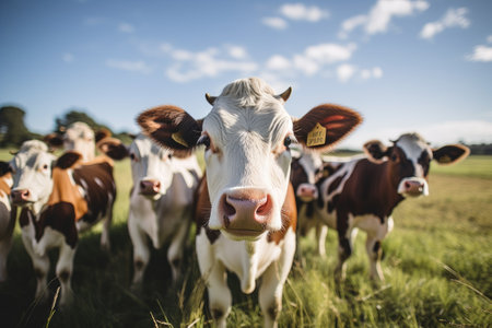 Herd of cows grazing in a meadow on a sunny day, Group of cows standing in a grassy field, AI Generatedの素材