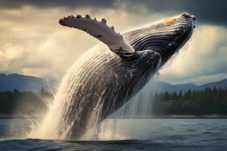 Humpback whale splashing out of the water, Alaska, Happy whale breaching, AI Generatedの素材