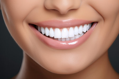 Beautiful woman smile with healthy teeth, closeup. Dental care, Tooth whitening, perfect white teeth close up, female toothy veneer smile, AI Generatedの素材