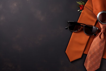 Men's accessories on a dark background. Top view with copy space, top view of fathers day concept with copy space, AI Generatedの素材