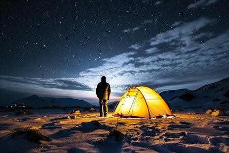 Man standing in front of camping tent and looking at starry sky, Tourist with flashlight near yellow tent lighted from the inside against the backdrop of incredible starry sky. Amazing, AI Generatedの素材