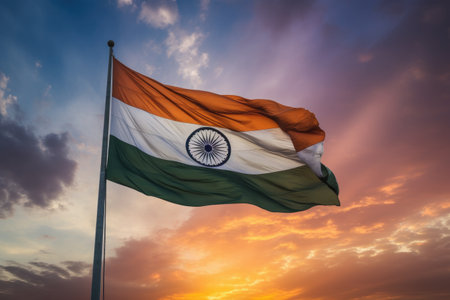 India flag waving in the wind against blue and orange sunset sky, Tricolor Indian Flag during Sunset and beautiful sky, AI Generatedの素材