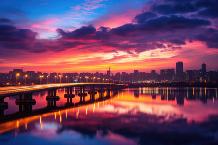 Beautiful sunset over the river and cityscape in Shenzhen,China, Twilight sunset at han river seoul korea, AI Generatedの素材