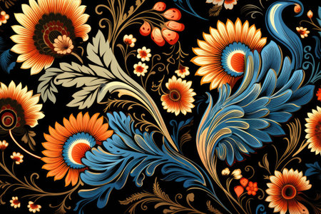 Seamless pattern with flowers in Russian folk style. Khokhloma painting, Turkey floral pattern. Abstract art graphic line flower. Ornate elegant luxury vintage retro modern style., AI Generatedの素材