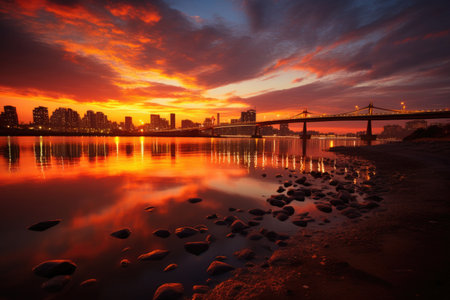 Beautiful sunset over the river in shanghai china, Twilight sunset at han river seoul korea, AI Generatedの素材