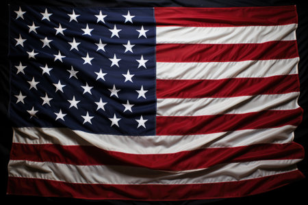 Closeup of Ruffled American Flag, Waving in the Wind, United States Flag On Black Background, AI Generatedの素材