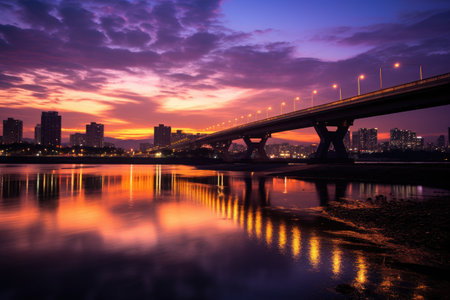Bridge over the river in the city at sunset, closeup of photo, Twilight sunset at han river seoul korea, AI Generatedの素材