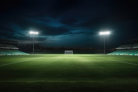 Soccer stadium at night with lights and green grass. Night scene, universal grass stadium illuminated by spotlights and empty green grass playground, AI Generatedの素材