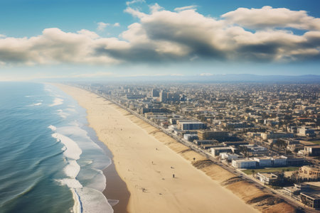 Aerial view of Santa Monica Beach in Los Angeles, California, Venice Beach Aerial Los Angeles, aerial view, AI Generatedの素材