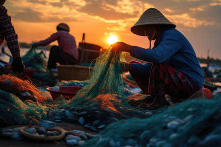 Fisherman on the beach at sunset in Vietnam. Fishing is a very popular activity in Vietnam, Vietnam Fishermen are repairing fishing nets Fishermen are cleaning Thai fishing nets, AI Generatedの素材