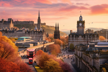 Edinburgh cityscape at sunset, Scotland, United Kingdom, View of Edinburgh Castle, Balmoral Hotel and Princes Street from Calton Hill at golden hour, AI Generatedの素材