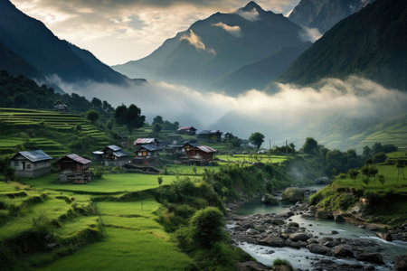 Rice terraces in Sapa, Lao Cai Province, Vietnam, village in the mountains, AI Generatedの素材