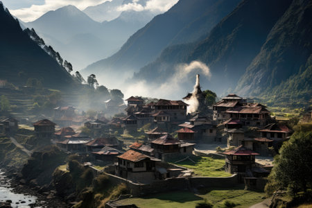 Village in the Himalayas, Annapurna Conservation Area, Nepal, village in the mountains, AI Generatedの素材