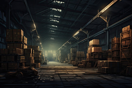 Warehouse interior with boxes and wooden pallets. 3d rendering, Warehouse, AI Generatedの素材