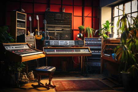 Musical instruments in the room of a music studio. Music concept, Vintage music recording studio with amps and synthesizer, AI Generatedの素材