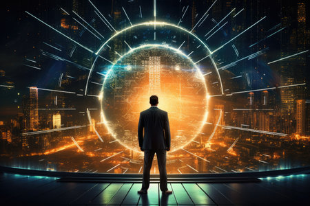 Rear view of businessman looking at glowing circle in space. Future and technology concept, A businessman standing in front of a digital glowing cyber portal with a binary network, AI Generatedの素材