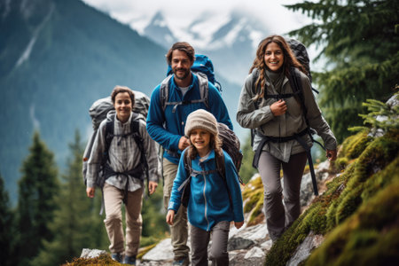 Happy family hiking in the mountains. Parents with children hiking in nature, a candid photo of a family and friends hiking together in the mountains in the vacation trip week, AI Generatedの素材